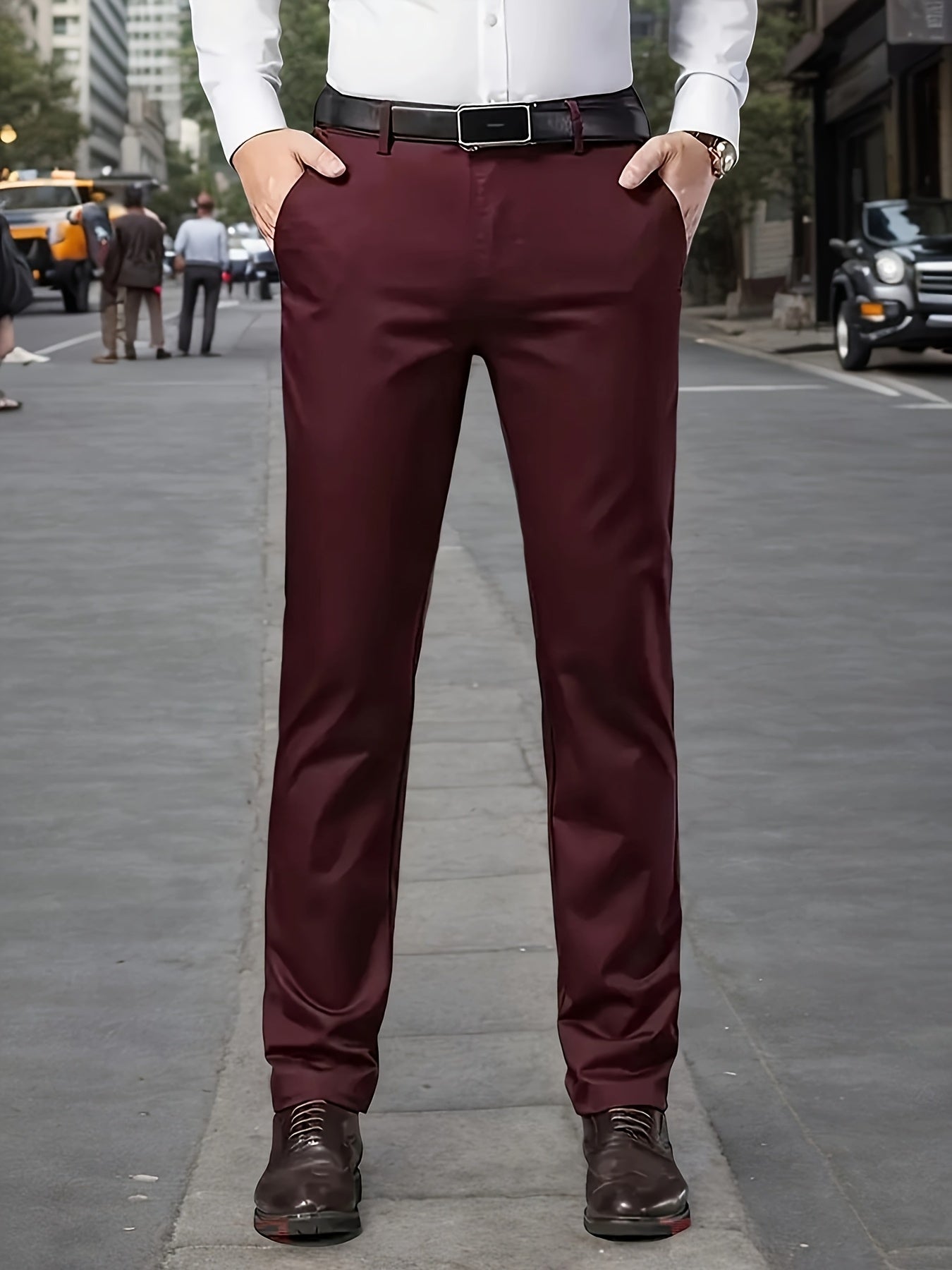 Men's Sleek Stretch Dress Pants - Solid Color Black, Comfort Fit with Subtle Stretch, Polyester Fabric, Mid-Rise, Machine Washable, Perfect for Business Casual & All-Season Wear, Business Casual Pants | Sleek Trousers | Easyc
