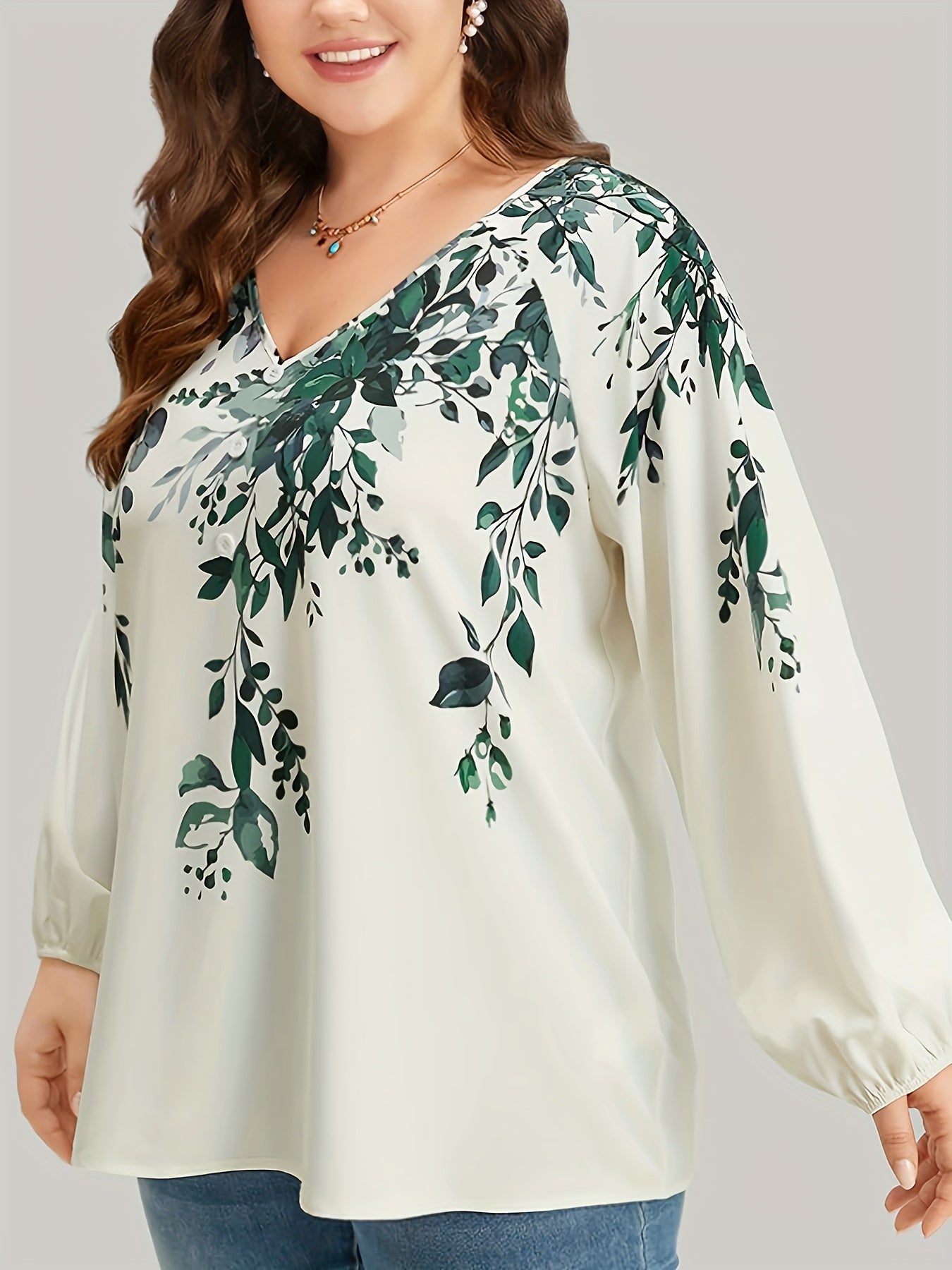 Plus Size Floral Print Blouse, Casual V Neck Long Sleeve Blouse For Spring, Women's Plus Size Clothing