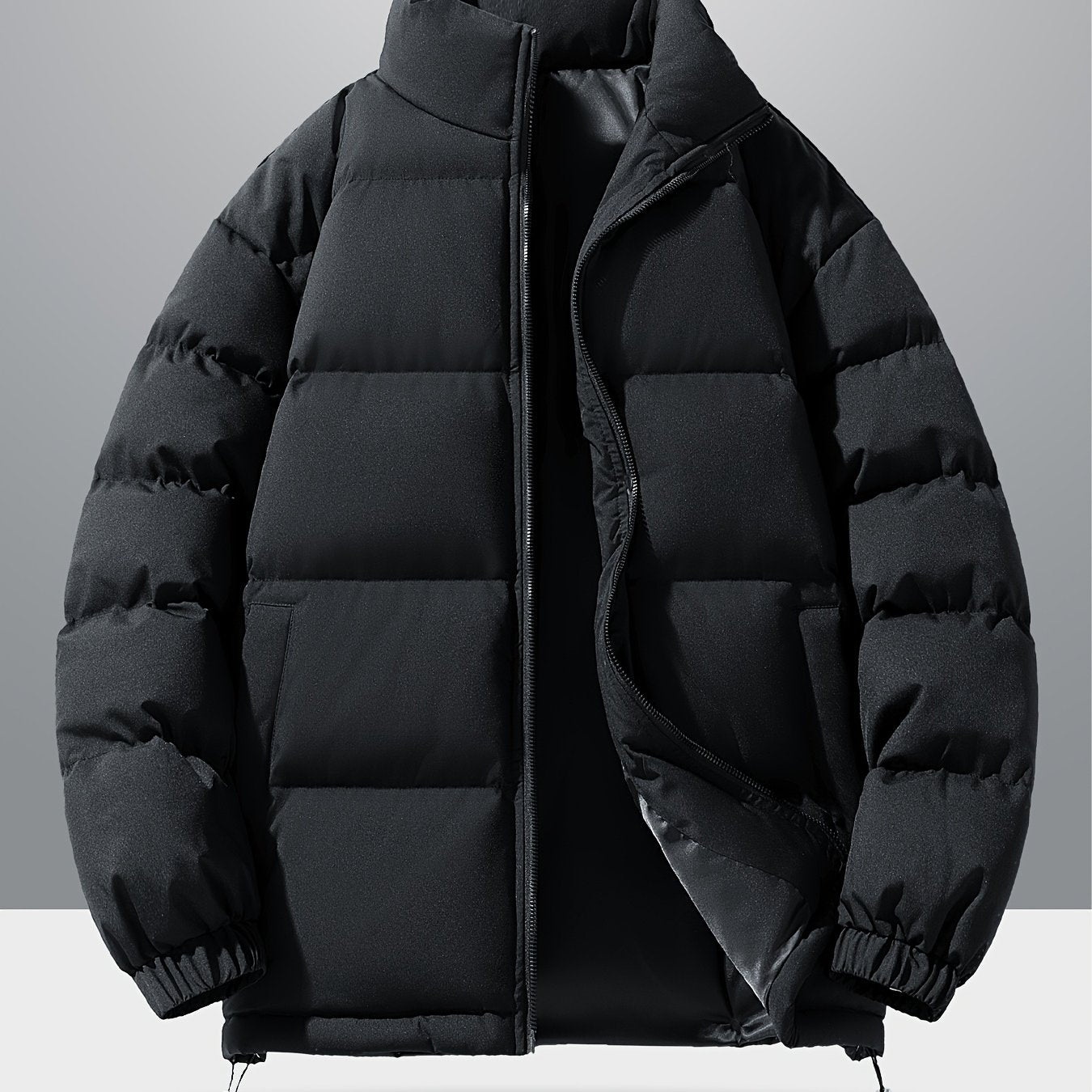 Men'S 2025 New Casual Jacket - Black, Stand Collar, Zip-Up, Long Sleeve, Polyester Filled, Winter Coat with Adjustable Drawstring Hood