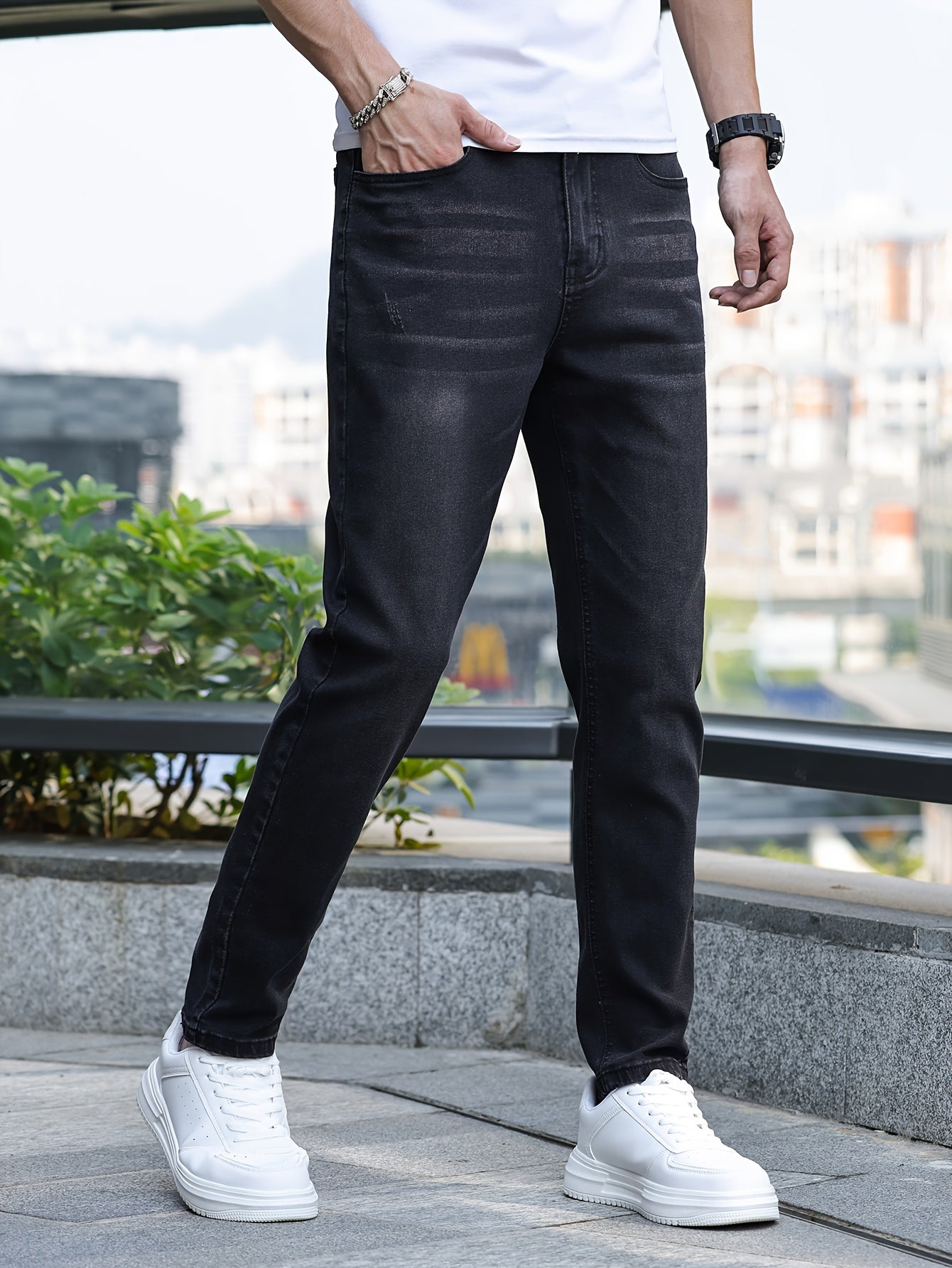 Men's Slim-Fit Stretch Denim Jeans - Casual Street Style, Mid-Rise, Light Blue, Comfortable & Versatile for All Seasons