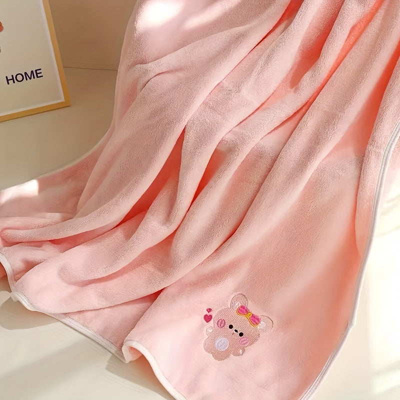 Bindi Monkey Ultra-Soft Coral Fleece Youngsters Towel - Quick-Dry, Absorbent & Cozy Cartoon Embroidered Bath Towel for Boys & Girls - Pink/Green/Blue/Yellow Options