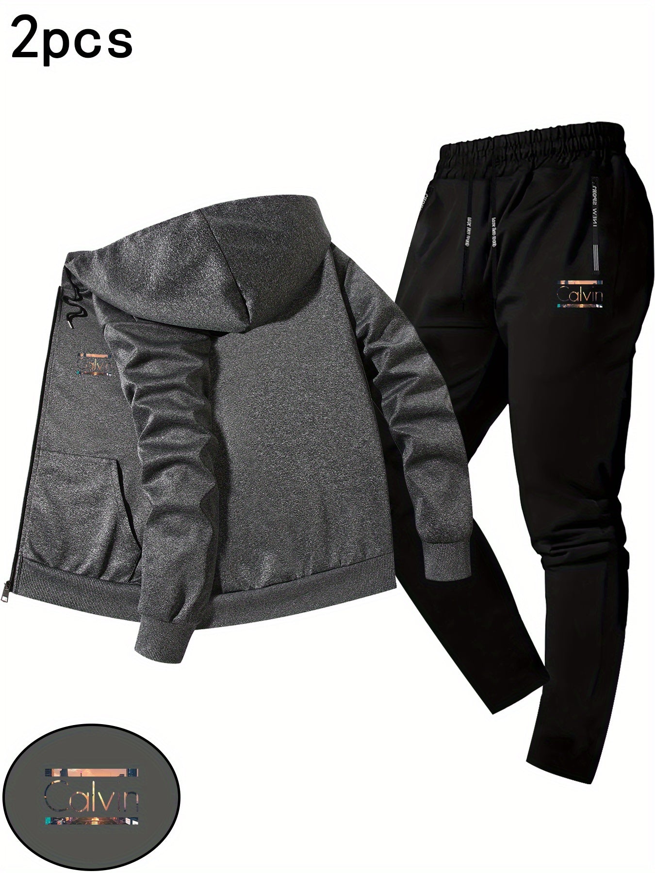 Men'S Trendy Fall/Winter Hooded Jacket Two-Piece Set Calvin Print, Casual Youth Casual Sports Jacket Set