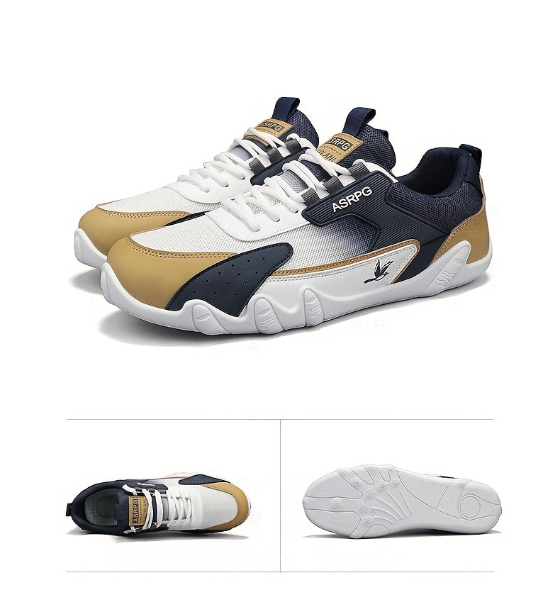 Men's Breathable Low-Top Casual Sneakers - Sporty Lace-Up Walking Shoes with Navy/White/Golden Accents, All-Season Outdoor Everyday Comfort, Durable Fabric Upper PVC Sole, Comfortable Footwear, Sleek Shoe Design, Lightwei
