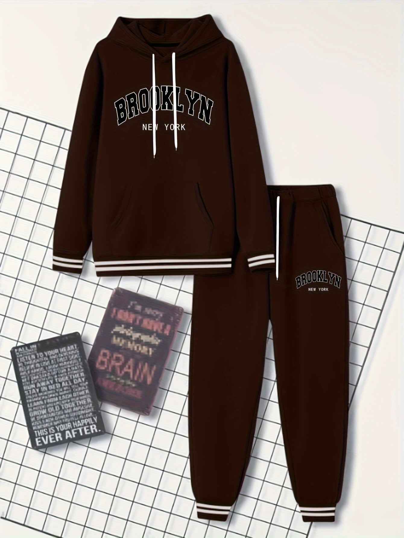2pcs Men's Trendy BROOKLYN Letter Print Hooded Outfit, Hoodie & Pants Set, Men's Clothes For Spring Fall Winter, As Gift