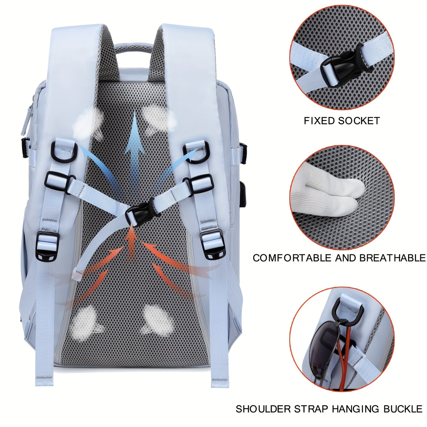 Airline-Approved 38.1cm Laptop Travel Backpack for Women, Light Blue Polyester with Adjustable Straps, Shoe Compartment & USB Charging Port - Ideal for School & Work Trips, Laptop Bag