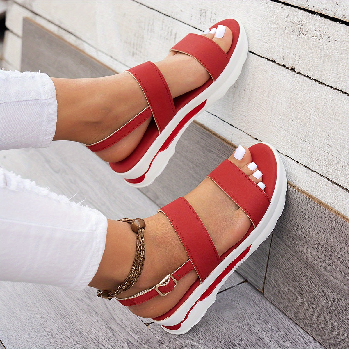 Women's Summer Plain Color Wedge Sandals, Casual Open-Toe Simple Thick Sole Beach Shoes with Comfortable Ankle Strap Wedges