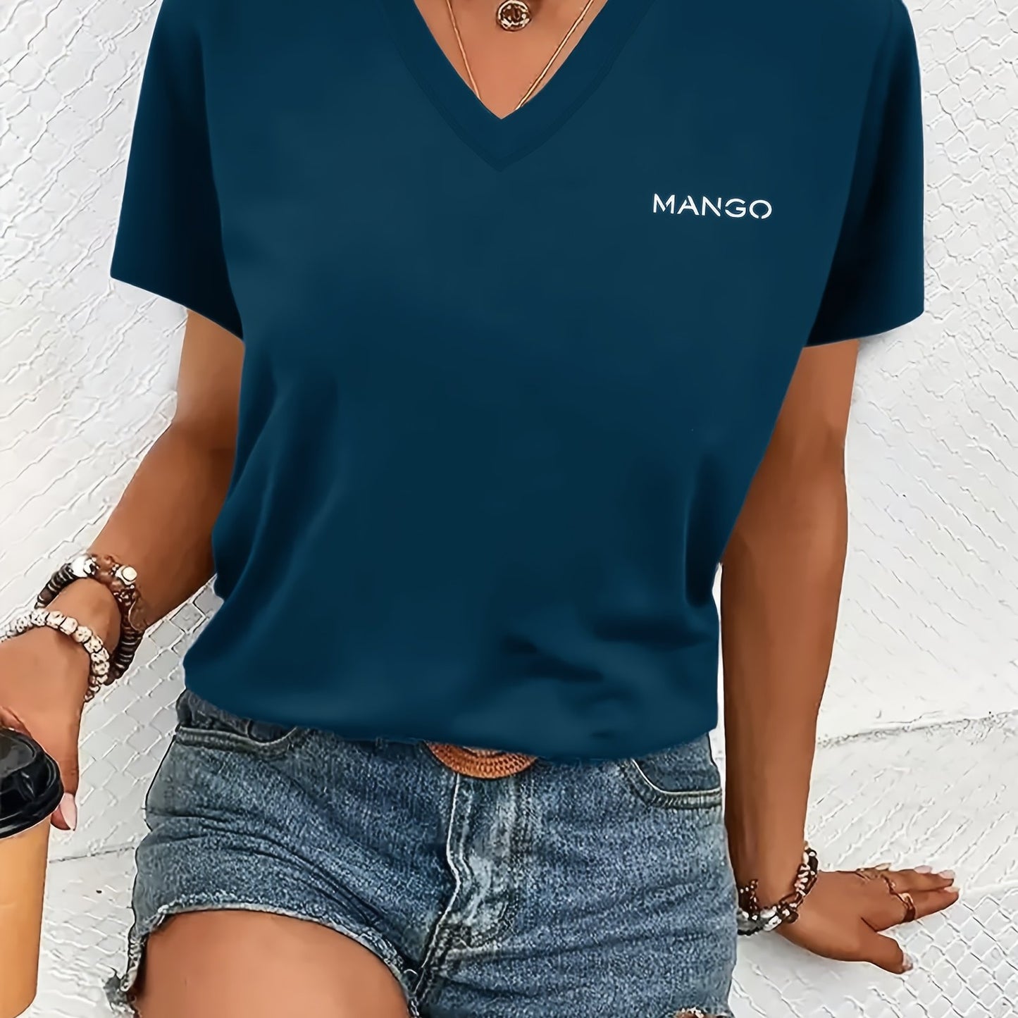 Women'S Y2K V-Neck Short Sleeve T-Shirt - Casual & Comfortable Geometric Pattern, Regular Fit All-Season Top for Casual Attire, Everyday Tshirt | Y2K Fashion | Comfortable Fit
