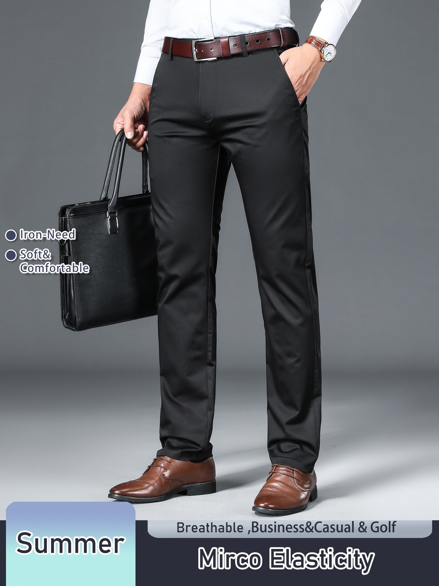 Men's Solid Color Straight Leg Business Style Cotton Blend Pants, Casual Comfy Breathable Outdoor Trousers As Gift
