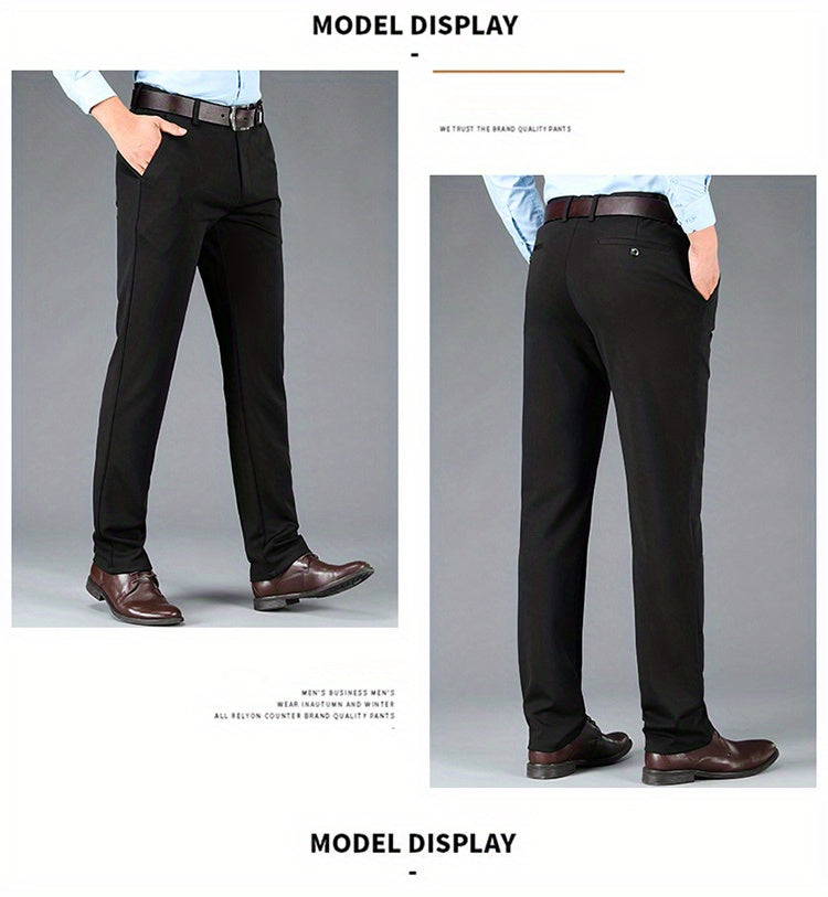 Men's Sleek Business Casual Dress Pants - Solid Black, Straight Leg, Wrinkle-Resistant Polyester Blend, All-Season Formal Trousers with Button Detail