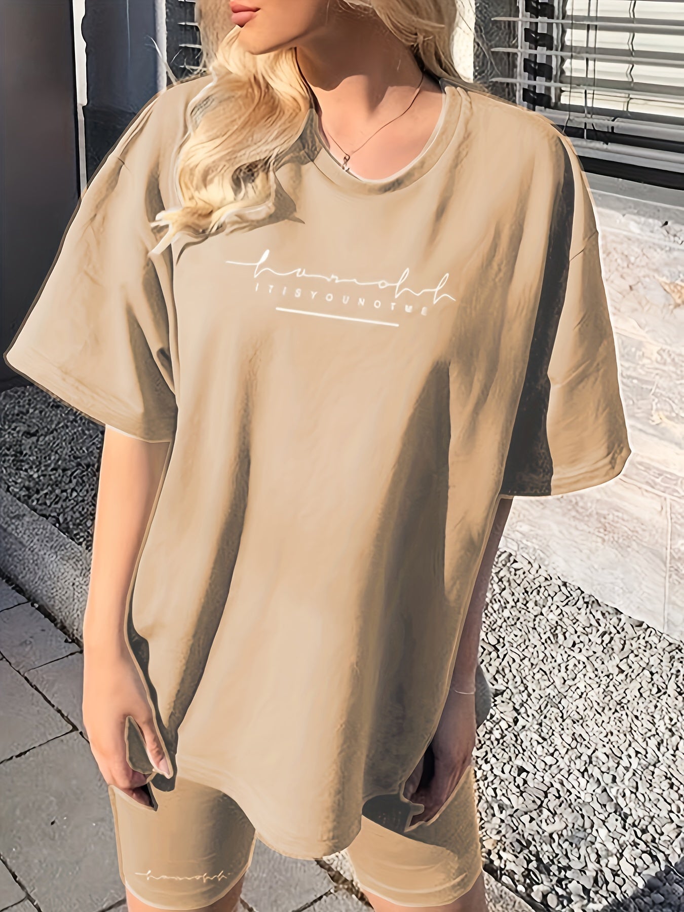 Women's Chic Lavender Letter Print Casual T-Shirt & Shorts Set - Comfy Polyester, Mid-Stretch Fabric, Round Neck, Machine Washable - Perfect for Spring/Summer