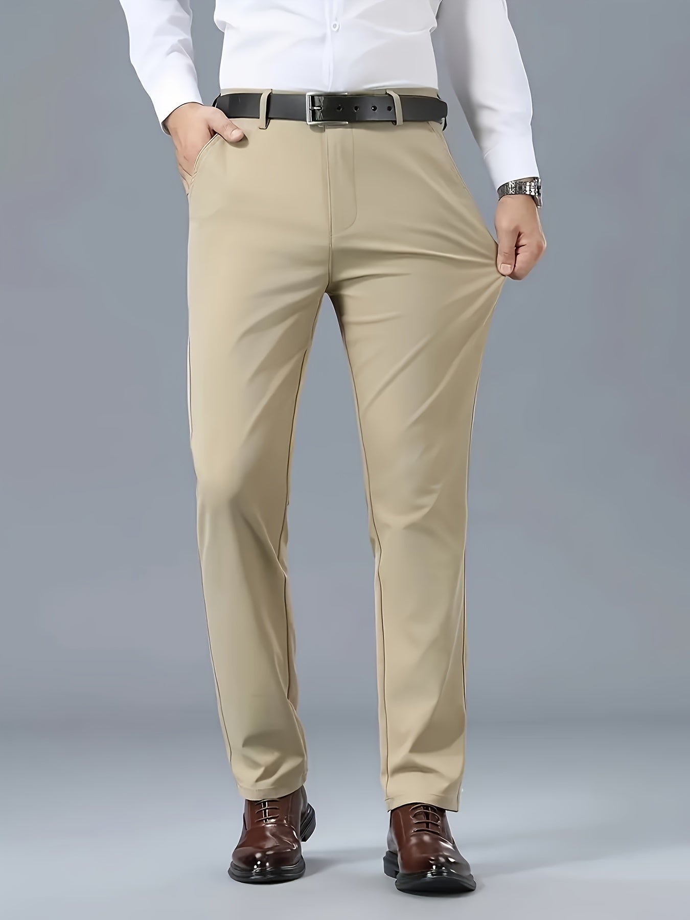 Men's Solid Color Business Casual Pants, Lightweight Business Style Versatile Trousers for Office