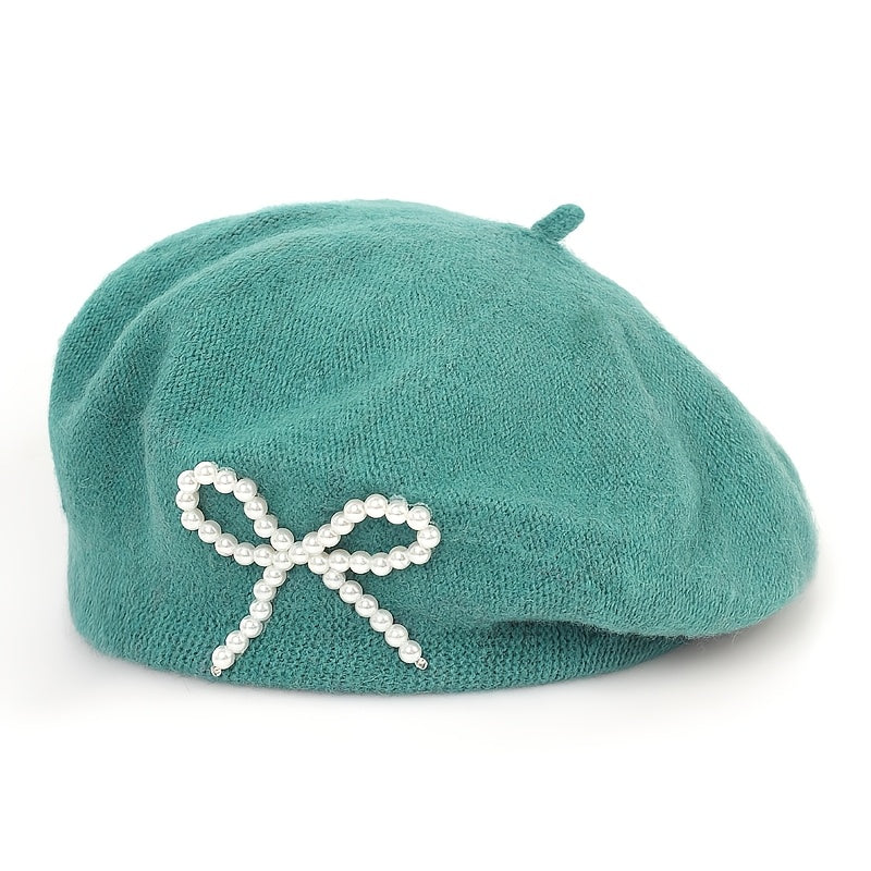 1pc Women's Wool Beret with Pearl Bow - Elegant, Breathable, and Stylish in Multiple Colors (Black, Brown, Gray, Beige, Purple, Pink) for Casual Attire