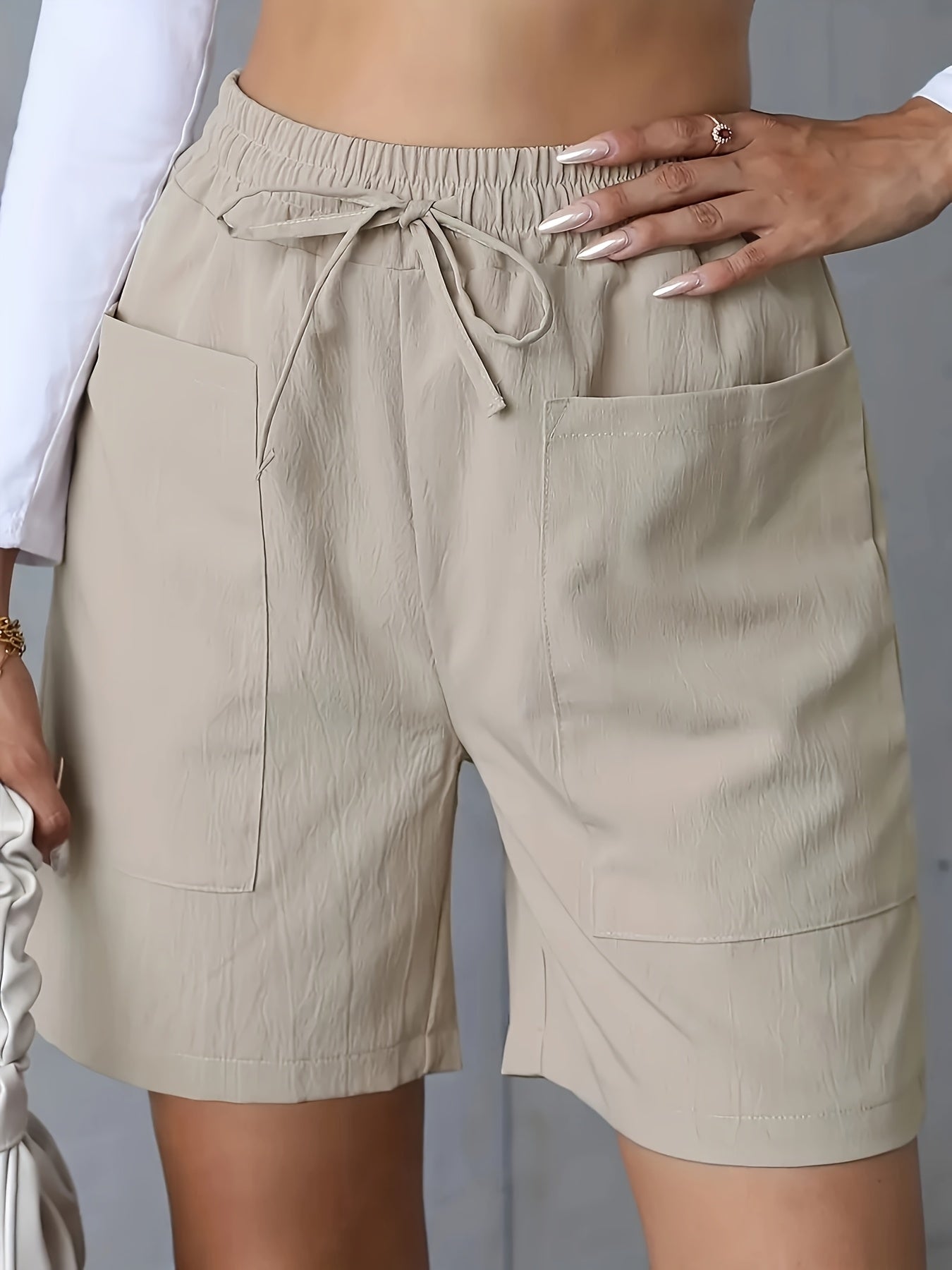 Light Pink Women's Casual High-Waist Wide-Leg Shorts with Tie Drawstring - Polyester, Non-Stretch, Smooth Texture, Summer Ready with Pockets