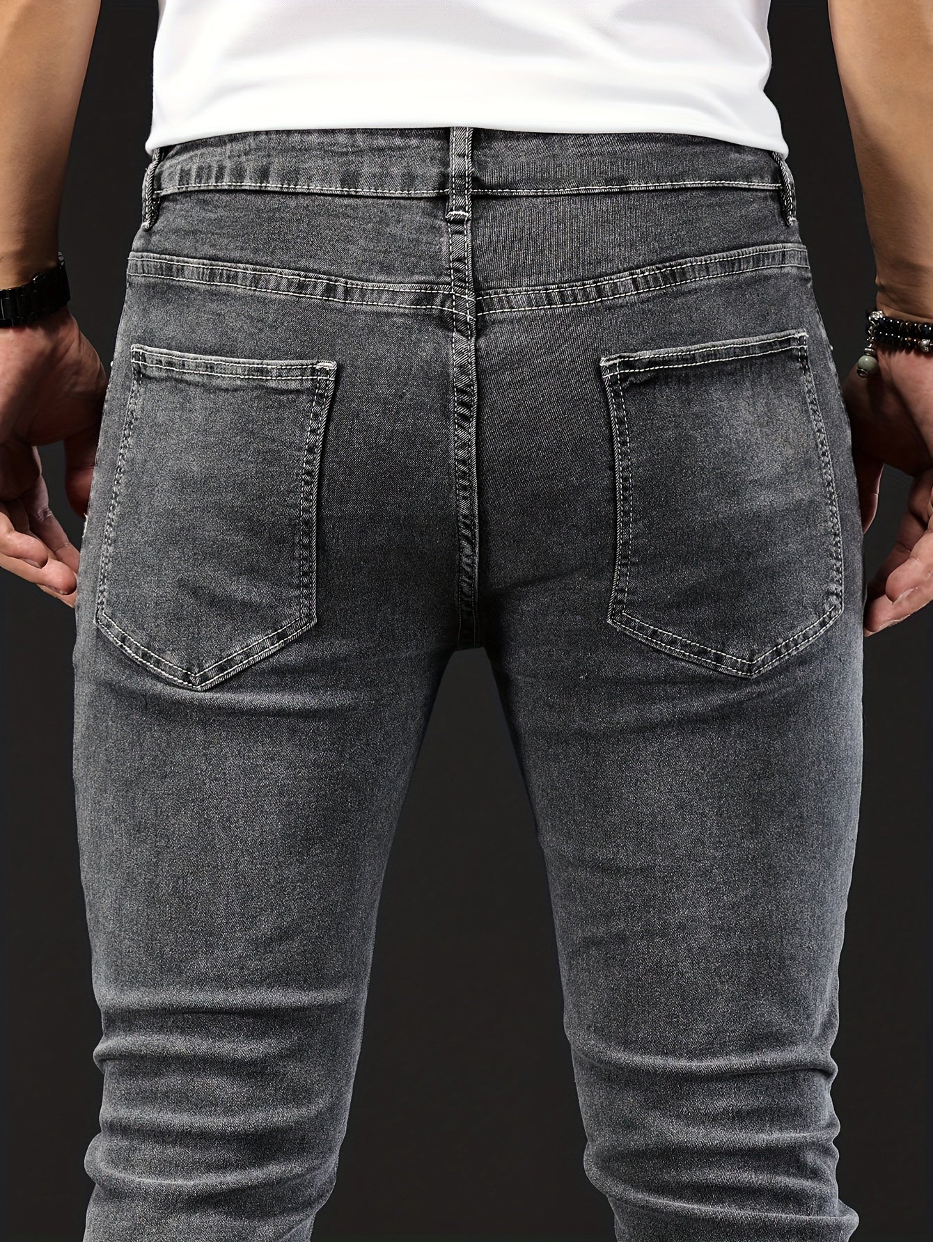 Slim Fit Chic Jeans, Men's Casual Street Style All Match Stretch Denim Pants With Pockets