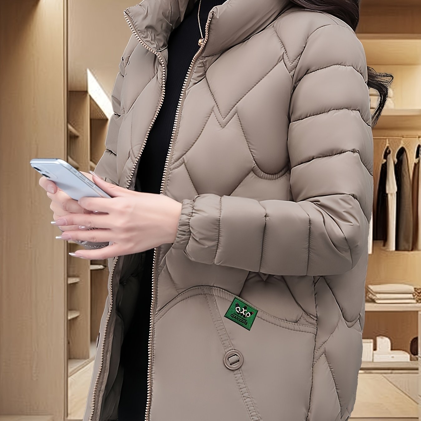 Women'S Embroidered Quilted Jacket, Casual Long Sleeve Polyester Coat, Non-Stretch H-Contoured Regular Fit, Pleated Hem, Thick Warm Winter Outerwear for Middle-Aged Moms