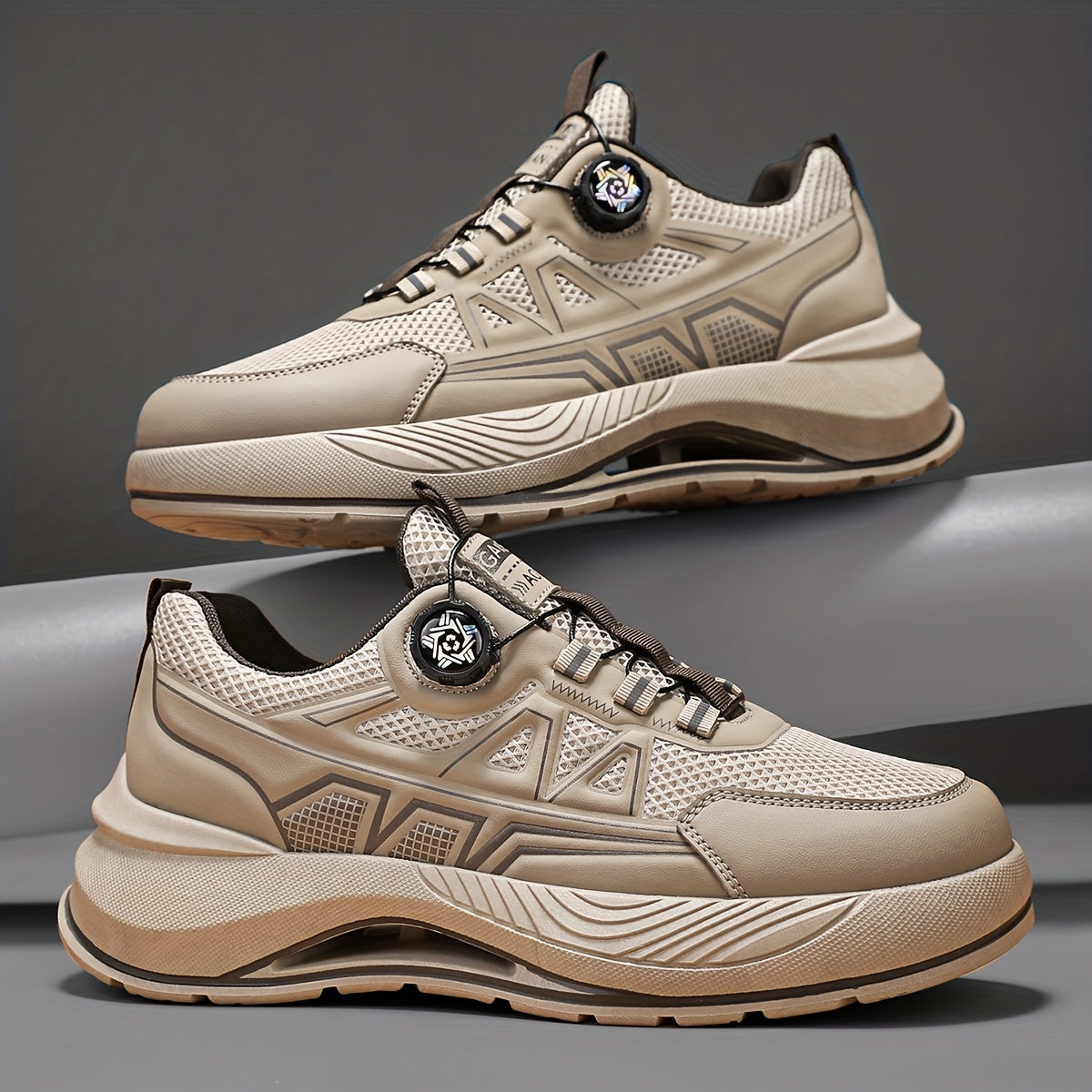 Men's 2025 New Casual Athletic Running Shoes - Thick-Sole Hiking Basketball Sneakers with Breathable PU/Fabric Upper, Durable PVC Outsole, Beige/Black Colorway for Outdoor, Streetwear Everyday Comfort, Round Toe Design