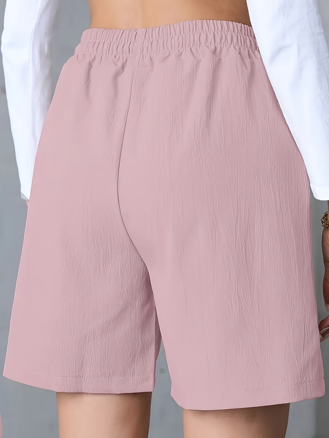 Light Pink Women's Casual High-Waist Wide-Leg Shorts with Tie Drawstring - Polyester, Non-Stretch, Smooth Texture, Summer Ready with Pockets