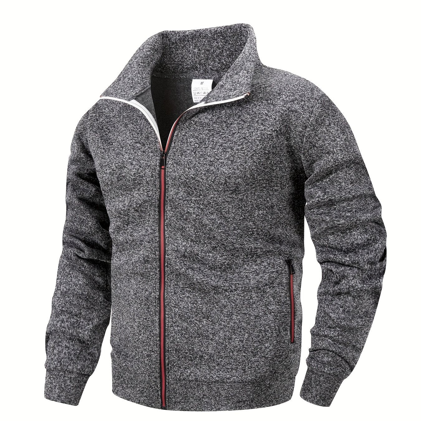Men'S Stand Collar Zipper Jacket, Fashion Solid Color, Long Sleeve, Fleece, Soft, Casual, Polyester, with Zipper Pocket, for Daily, Sports, Fitness