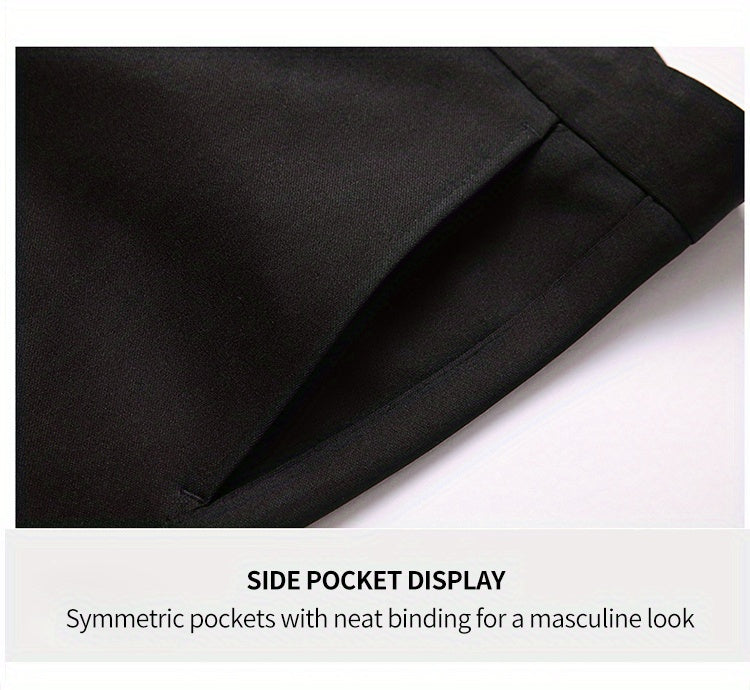 Men's Sleek Business Casual Dress Pants - Solid Black, Straight Leg, Wrinkle-Resistant Polyester Blend, All-Season Formal Trousers with Button Detail
