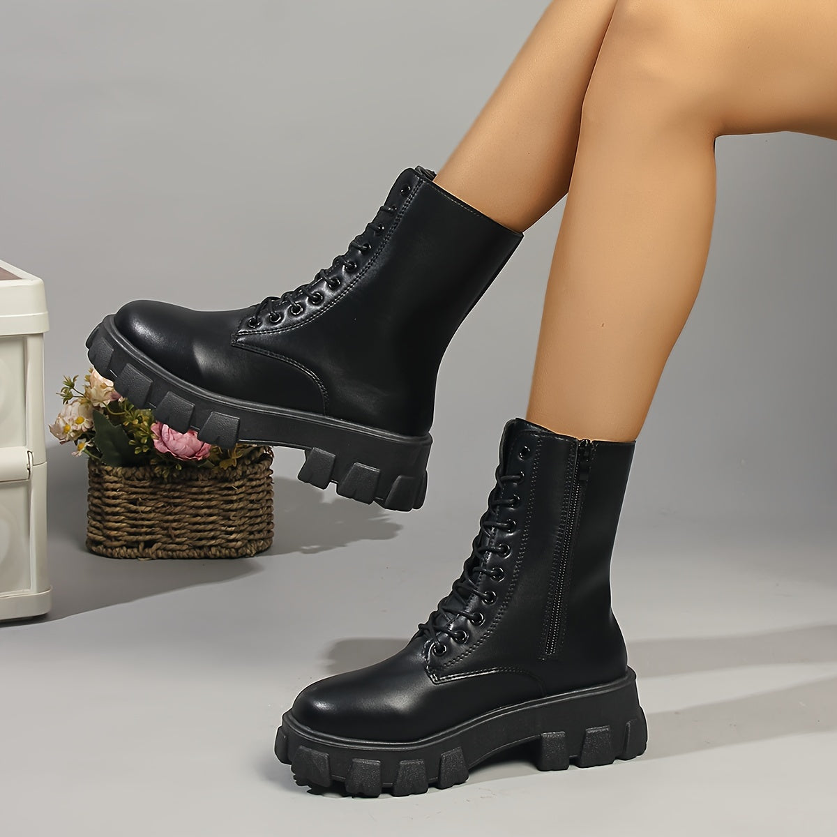 Chic Women's Mid-Calf Platform Boots - Versatile Lace-Up Ankle Booties with Thick Sole, Faux Cover, Comfortable for All Seasons
