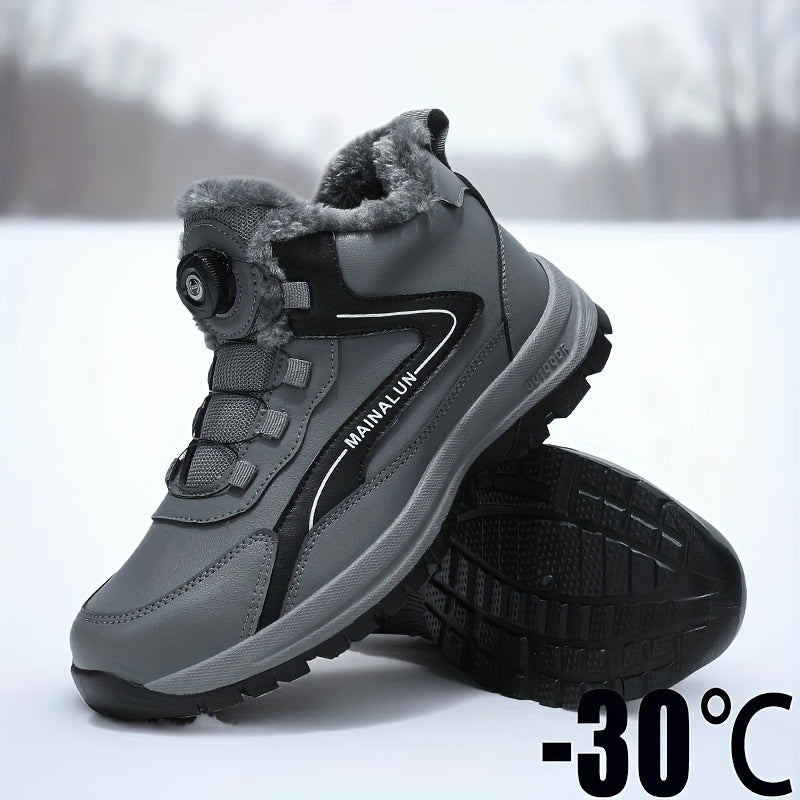 MAINALUN Men's Heavy-Duty Winter Snow Boots with Rotating Buckle Closure, PU Upper & PVC Sole - Thick Plush Lining, Warm Short Ankle Boots for Ice, Snow, Slush, Work, Outdoor (Adjustable Strap, Fit)