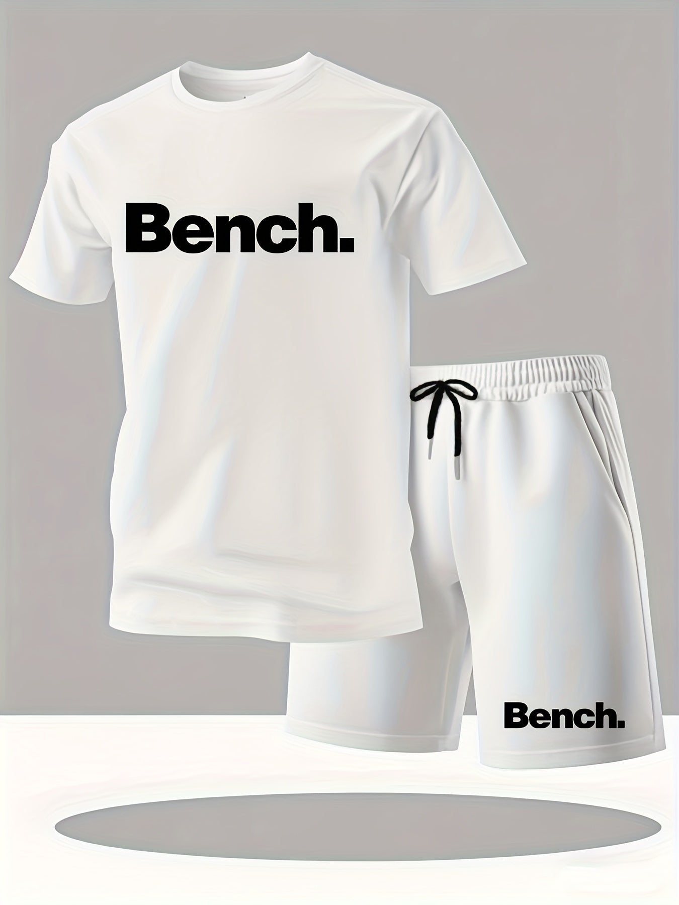 Summer Men'S Casual Sports Short Sleeve T-Shirt and Shorts Set, Knitted Polyester Fabric, Comfortable Breathable, Bench. Letter Print Design - 2pcs
