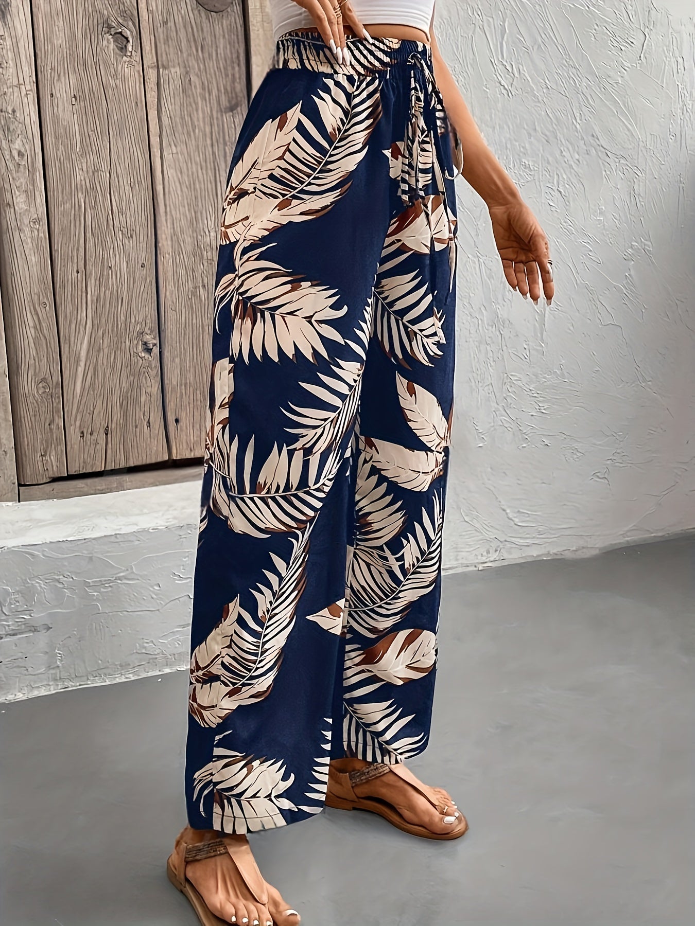 Wide-Leg Floral Casual Pants with Drawstring Waist