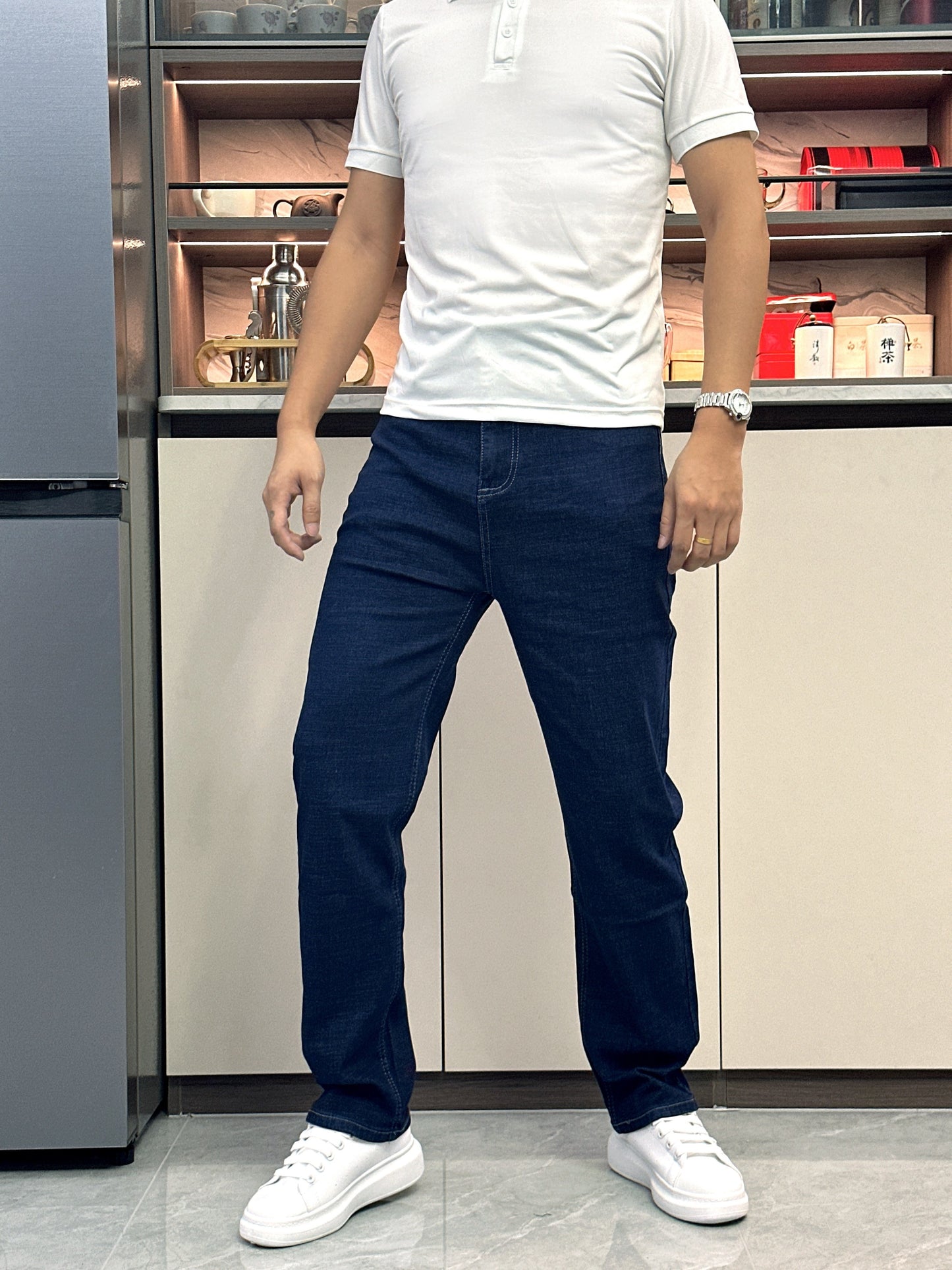 Men's Classic Straight-Leg Jeans in Dark Blue - Comfortable & Stylish Denim for Casual, Work, and Business Dates | Machine Washable, Non-Transparent with Printed Detail | All-Season Wear