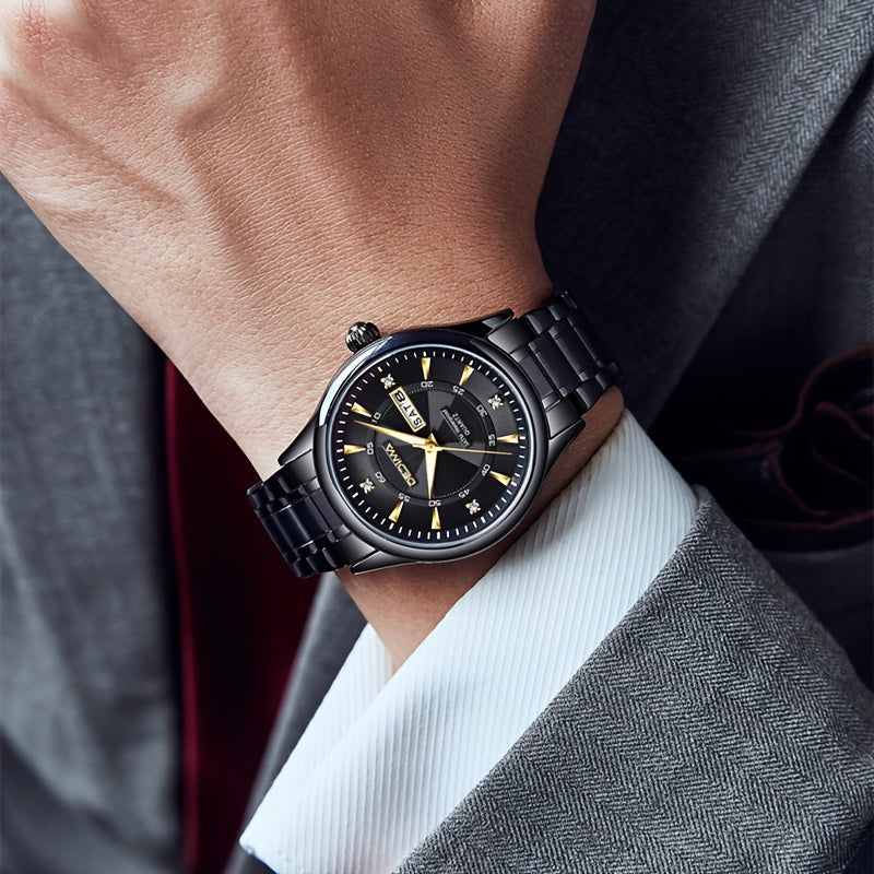 Stainless Steel Men's Quartz Watch with Luminous Hands, Dual Calendar, Date Display & High Quality IPX7 - Golden-Tone Dial, Accents for Business, Casual, Travel - Ideal Birthday Holiday Gift, Business Casual Watch | Sleek Met