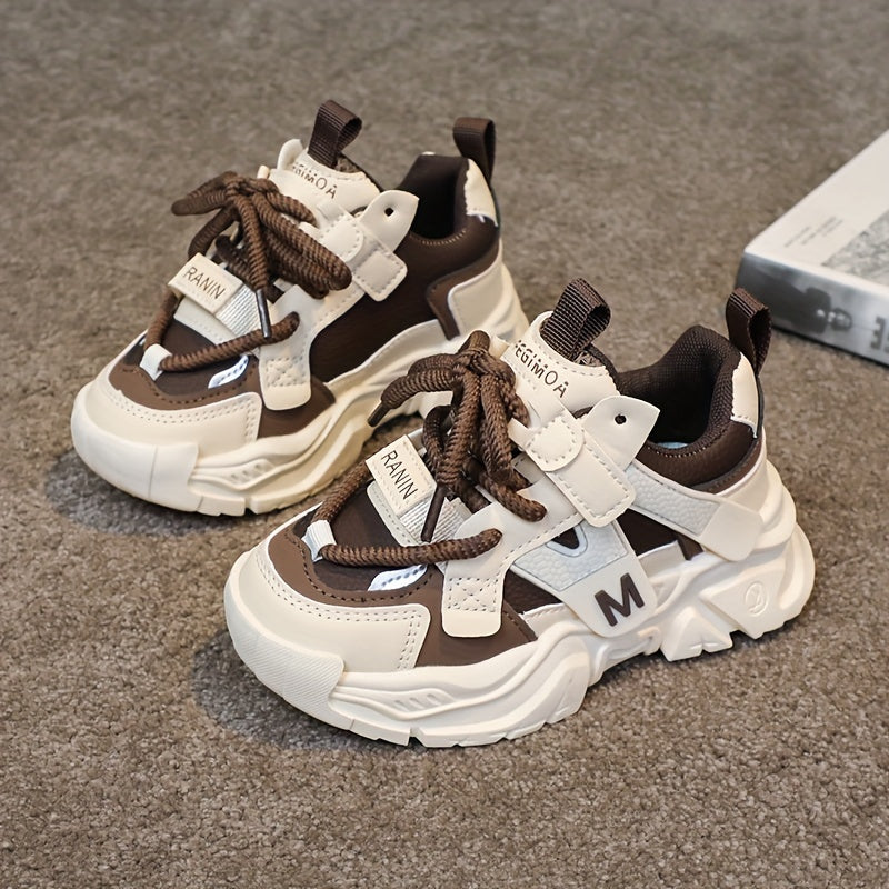 Kids' Chunky Sneakers - Breathable Mesh Running Shoes with Hook-and-loop Fastener Straps, Black & Brown Design for Boys & Girls, Casual & Sporty Style, All-Season Wear, Cute Shoes