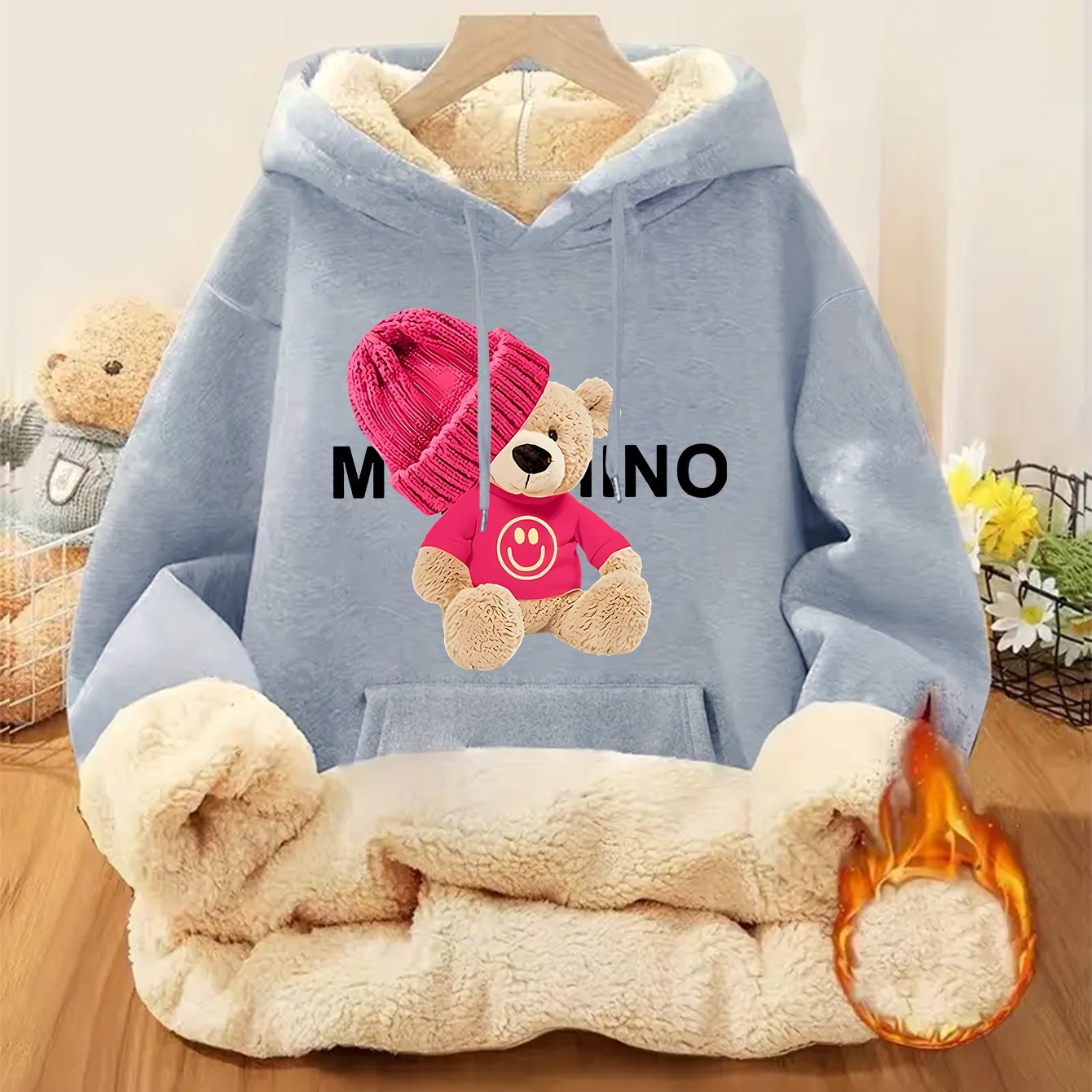 Women'S Thick Fleece Hooded Sweatshirt with Cute Bear Print & Plush - Cozy Winter Warmth, Drawstring Hood & Pockets, Casual Retro Style, Machine Washable For Fall/winter Commuting & Daily Wear, Winter Sweatshirt, Seasonal Fas