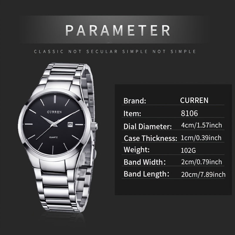 CURREN Men'S Quartz Watch, Casual Business Elegant Round Dial Stainless Steel Strap, Battery Powered Calendar Pointer Display, Aluminum Alloy Case, Non-Rechargeable Button Battery