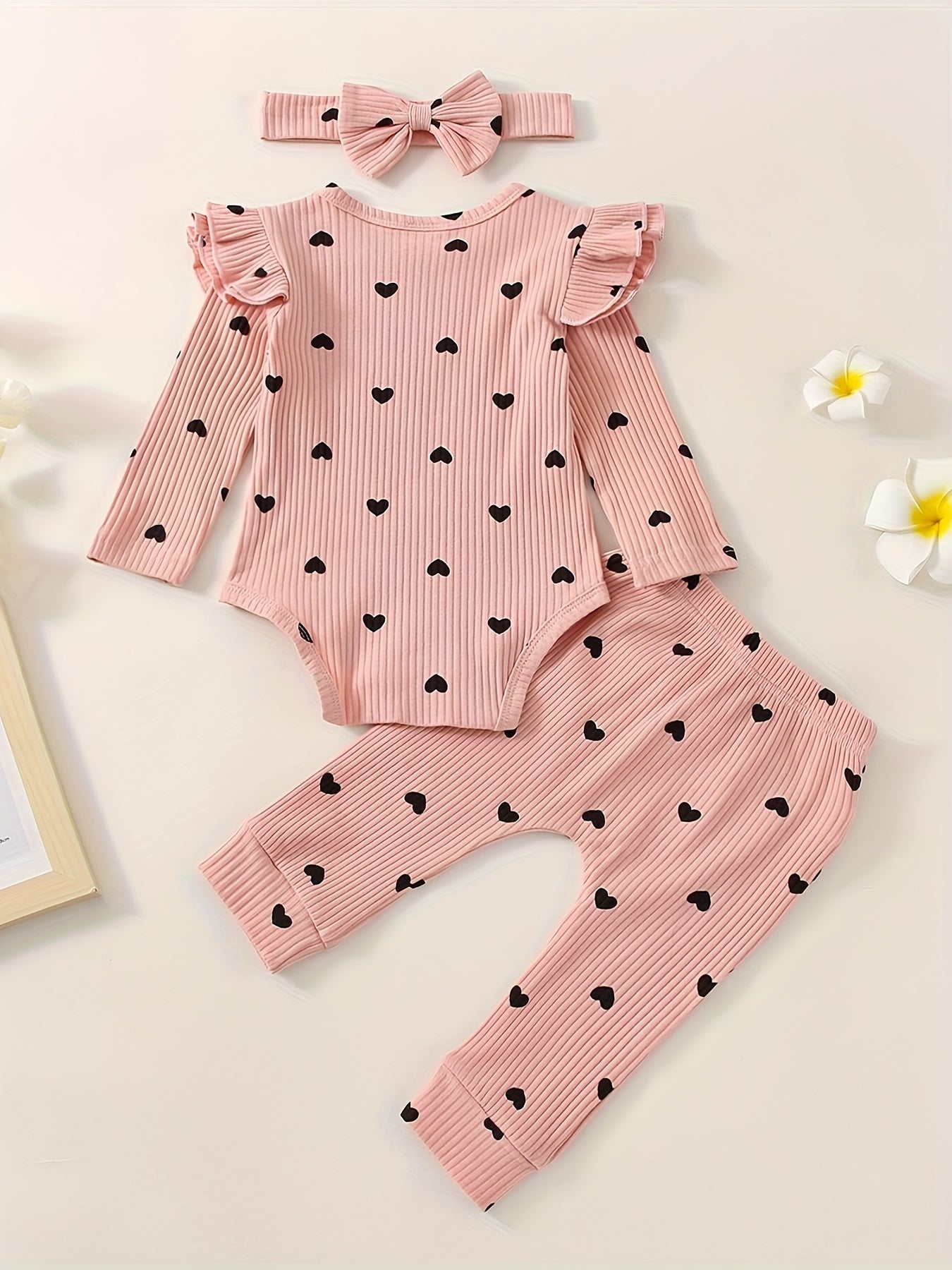 3pcs Baby Girl Outfit Set, Cute Ribbed Ruffle Long Sleeve Romper & Pants, 95% Cotton 5% Spandex, Crew Neck Pullovers, Solid Color, Regular Fit, No Belt, Fall/Winter Knit Fabric, 0-18 Months, for Outdoor