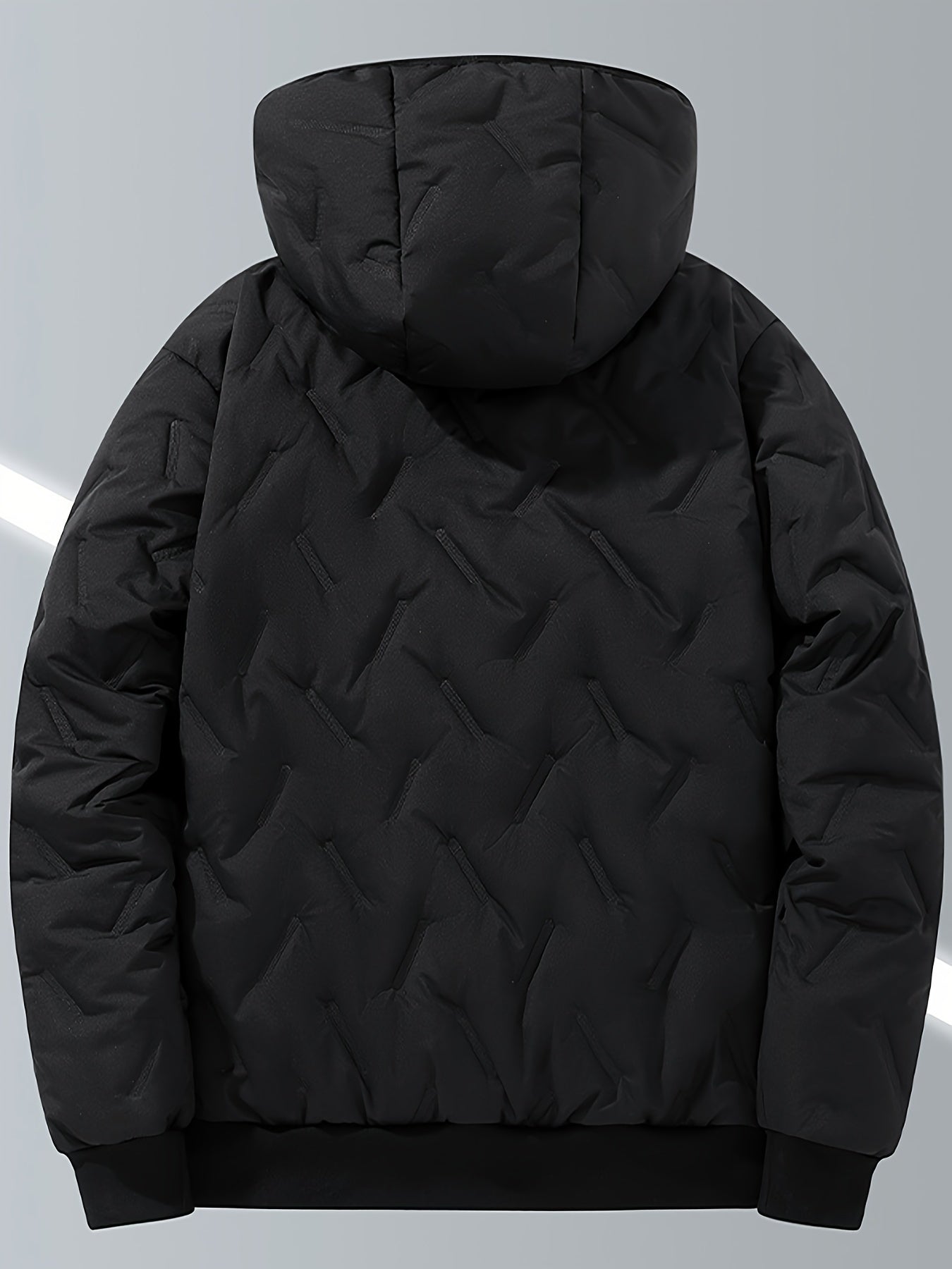 Men's Casual Winter Jacket - Thick Fleece-Lined, Windproof Hooded Coat with Embossed Design, Zip-Up, Solid Color