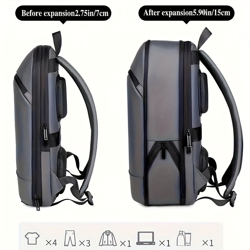 Expandable Black Nylon Business Backpack with Padded Laptop Compartment, Lightweight with Trolley Sleeve, Durable Zipper, Multi-Pocket Design, Splicing and Color Block Detail, Ideal for Daily Commute and Travel - Wet Wipe Cle