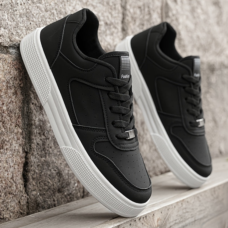 Men'S Breathable Skateboarding Shoes | Low-Top Casual sneakers, Black and White, PU Upper, Lace-up Closure, Suitable for All Seasons - ayq