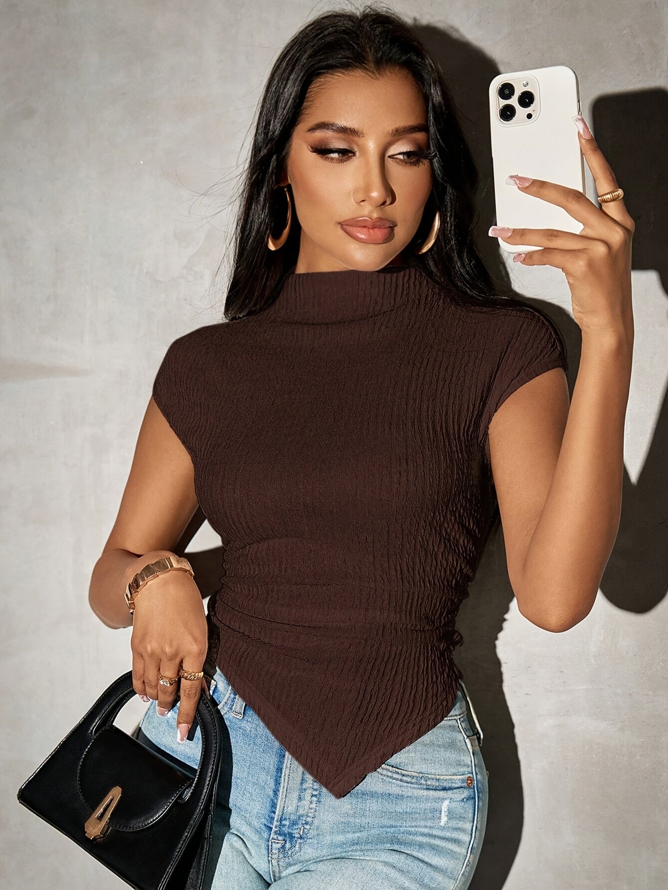 Women'S Stylish High-Neck Asymmetrical Hem Drop-Shoulder Short-Sleeve T-Shirt