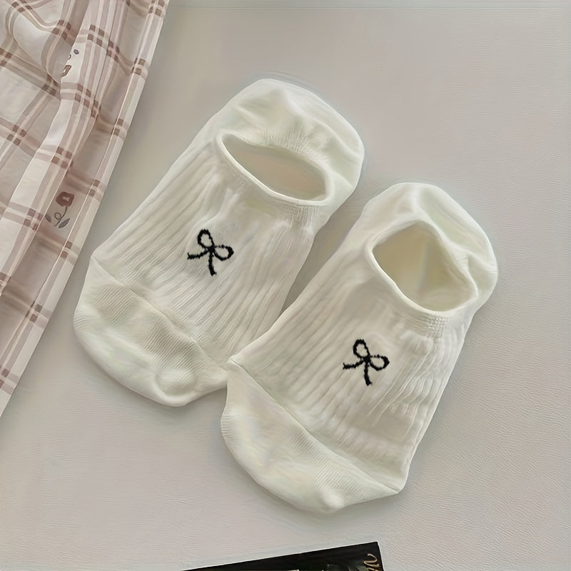 5 Pairs Bow Print Boat Socks, Cute & Sweet Low Cut Invisible Socks, Women's Stockings & Hosiery