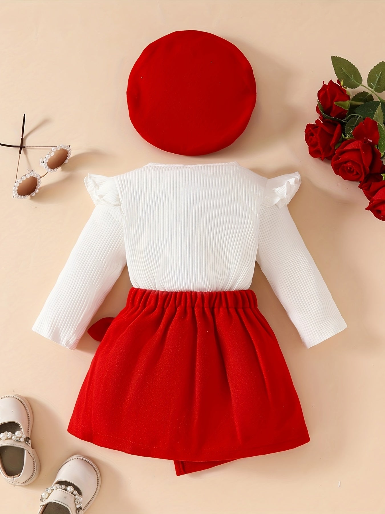 Honey Style Knitted Fabric Crew Neck Long Sleeve T-Shirt with Solid Color Flared Skirt and Beret Set for - Bow Detail Knee High Medium Stretch Fall/Winter Outfit