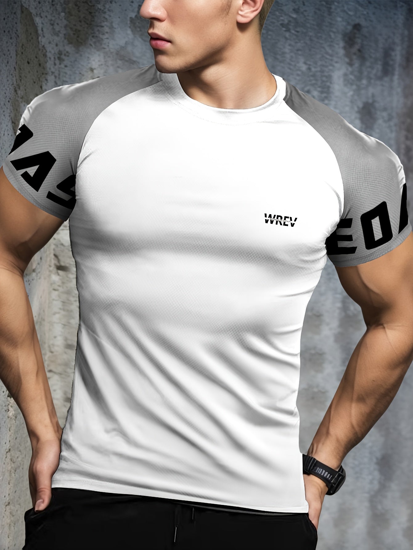 Men's Quick-Dry Breathable Mesh Sports T-Shirt - Summer Gym Workout Top with Contrast Black White Sleeves for Man Letter Print, Slim Fit for Running Training Casual Wear, Breathable Running Gear Sporty Casual Tee Mesh