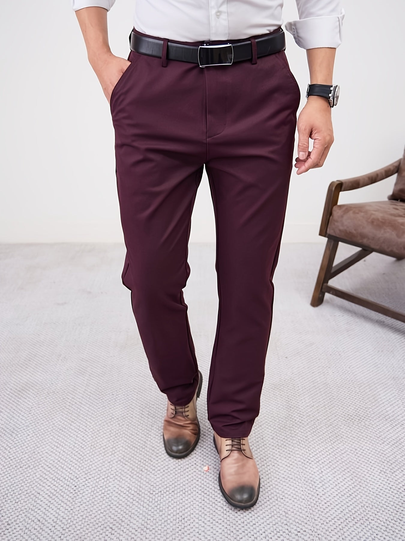Men'S Casual Solid Color Regular Length Slight Stretch Woven Fabric Pants for Adult