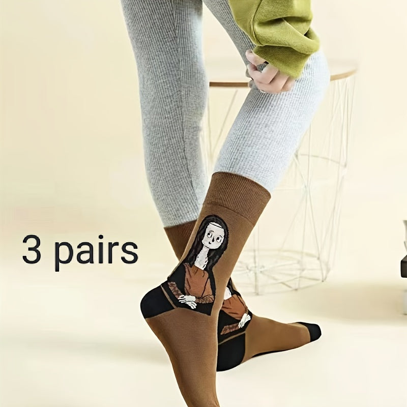 1/3/6 Pairs of Autumn and Winter Warm Retro Oil Painting Style European and American Personality Color Versatile Women's Socks