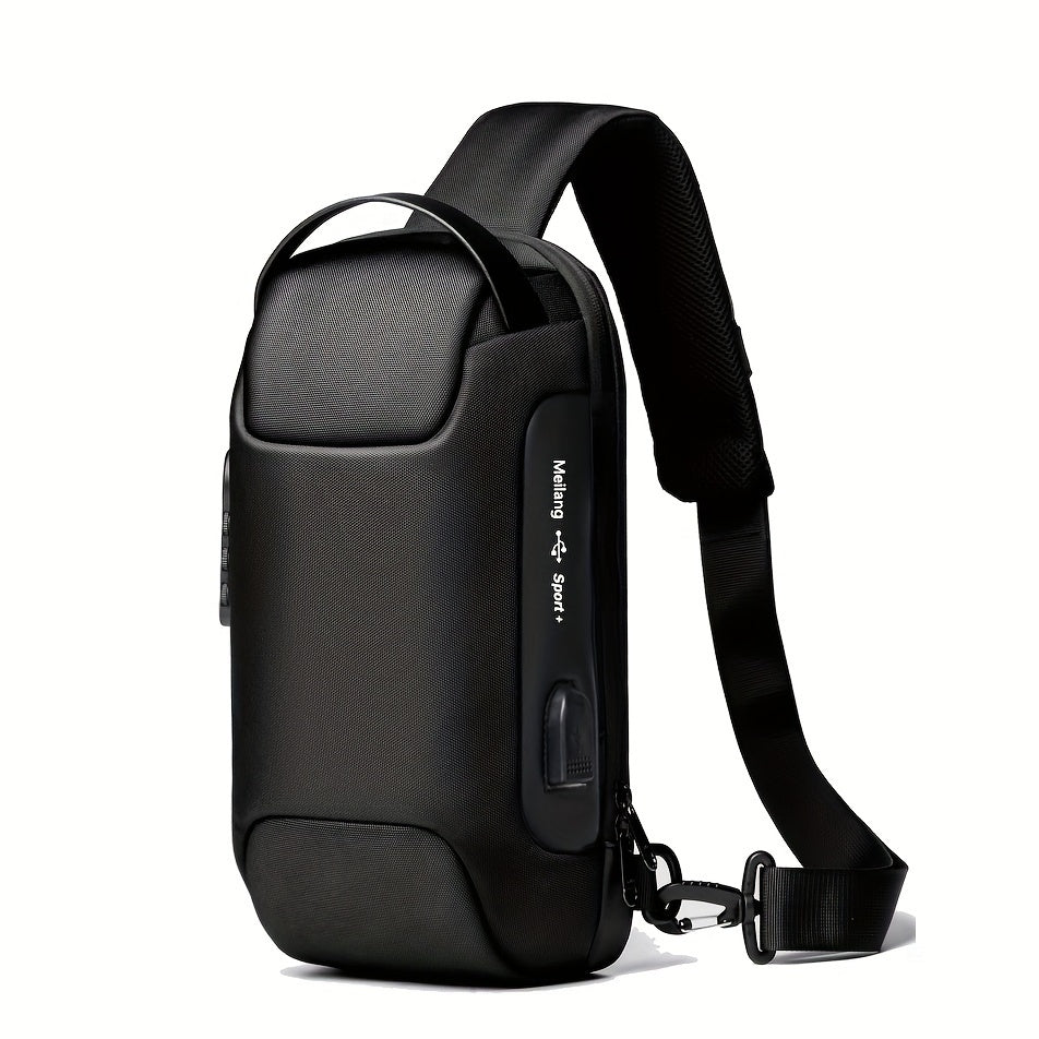 Oxford Fabric Waist Bag with USB Charging Combination Lock - Sleek Black Crossbody for Men Women, Ideal for Outdoor Activities Motorcycle Riding, Perfect Valentine's or Father's Gift, Motorcycle Bag