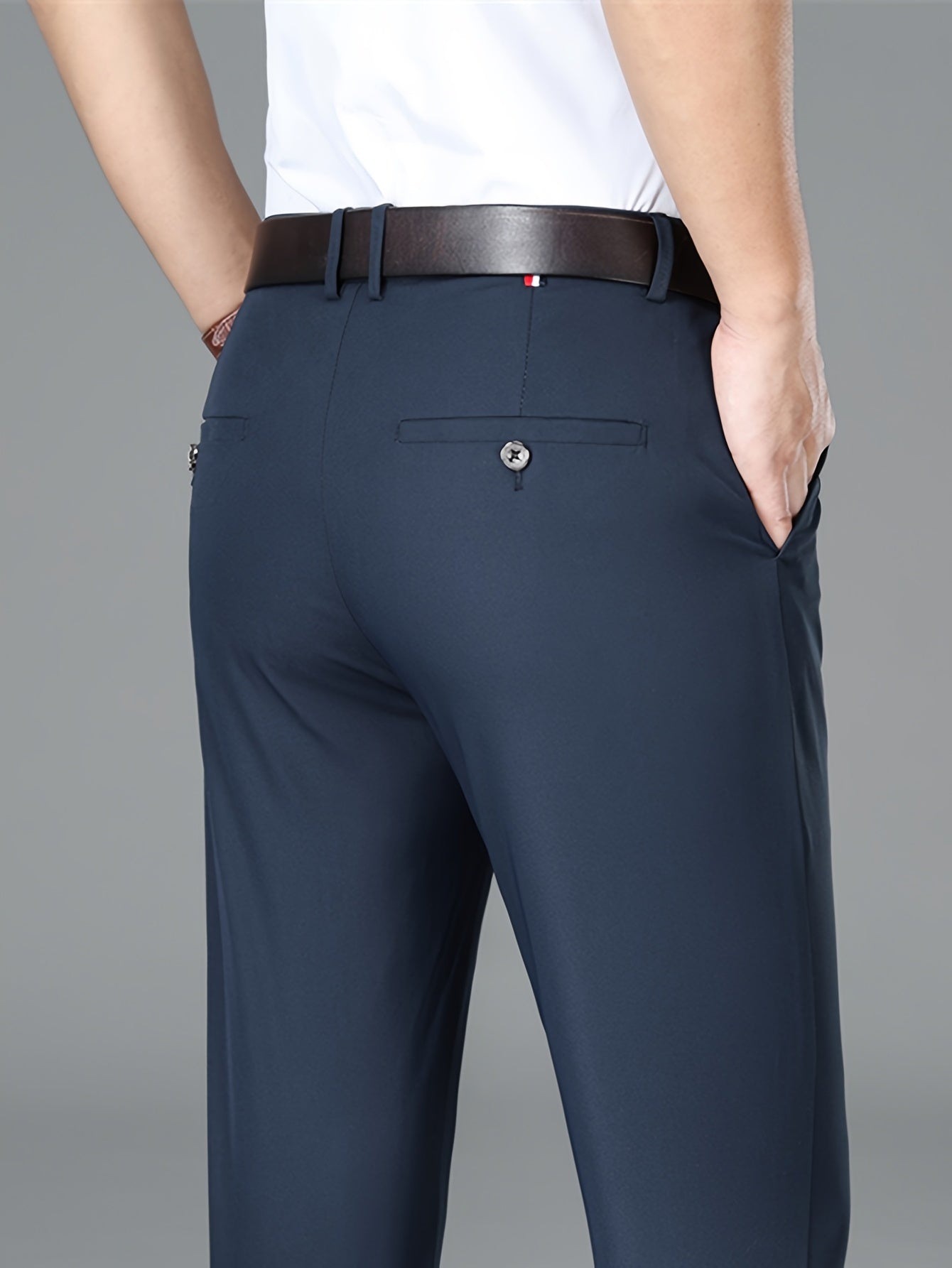 Men's Lightweight Summer Casual Pants, Slim Straight Fit, Polyester, Mid-Rise, Built-in Zipper, Regular Length - Ideal for Casual Attire