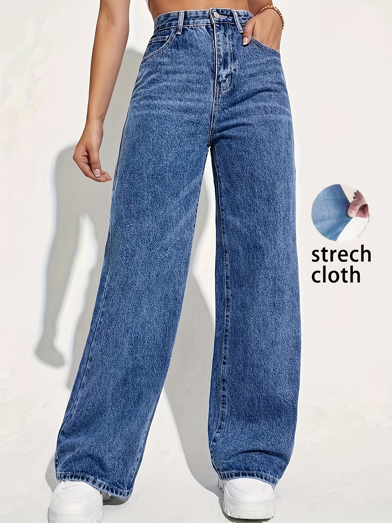 Women's Fashion Stretch Denim Long Pants, Casual Straight Leg Jeans with Zipper Fly, Viscose 68.00%, Polyester 25.00%, All-Season Solid Color Woven Trousers for Weekend Casual