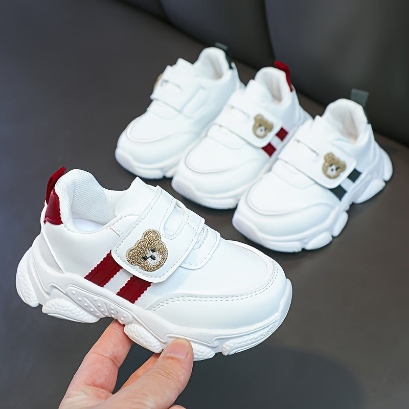 Girls' White Sneakers - Cute Cartoon Bear Design, Casual Low-Top Style with Hook-and-Loop Fastener, Comfortable Microfiber Synthetic Upper, All-Season Wear for Youngsters, Everyday Youngsters's Shoes | Playful Youngsters Snea