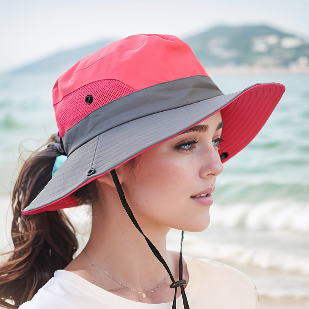 Women's Dual-Tone Sun Hat with Ponytail Hole - Breathable Mesh, Waterproof, Wide Brim for Beach & Fishing, Perfect for Spring, Summer & Fall