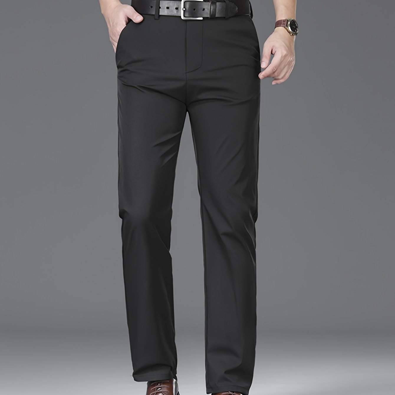 Men's Lightweight Summer Casual Pants, Slim Straight Fit, Polyester, Mid-Rise, Built-in Zipper, Regular Length - Ideal for Casual Attire