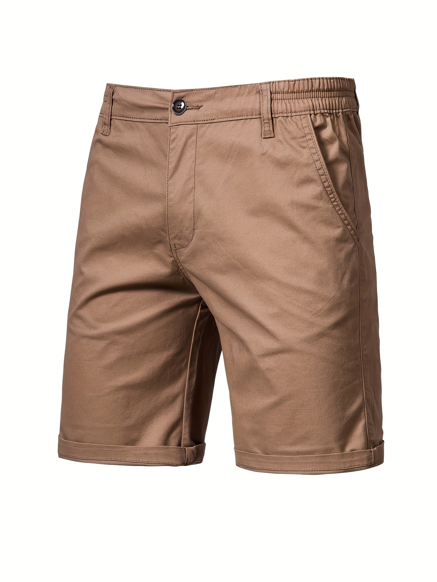 Men's Classic Fit Cotton Twill Flat Front Solid Chino Short With Slant Pockets And Elastic Waist
