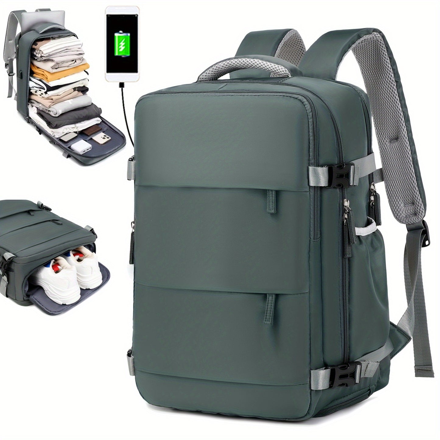 Women'S Travel Backpack, Flight Approved, Expandable Large Capacity Luggage Daypack, Business Weekend Bag with Shoe Compartment, Back to School Backpack, Solid Color, Polyester, Adjustable Strap, Zipper Closure, USB Powered,